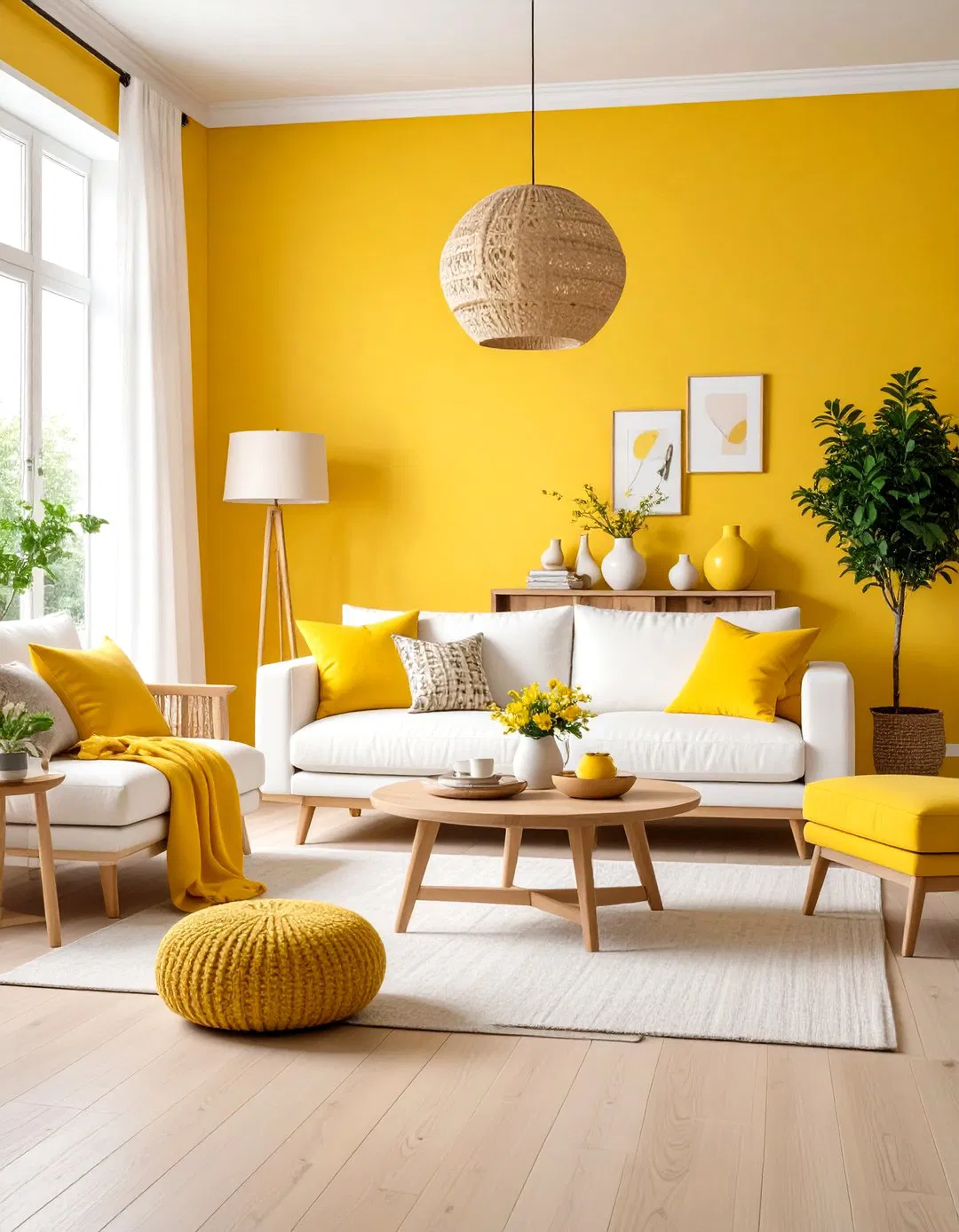 Pale Yellow Walls with Natural Wood Living Room