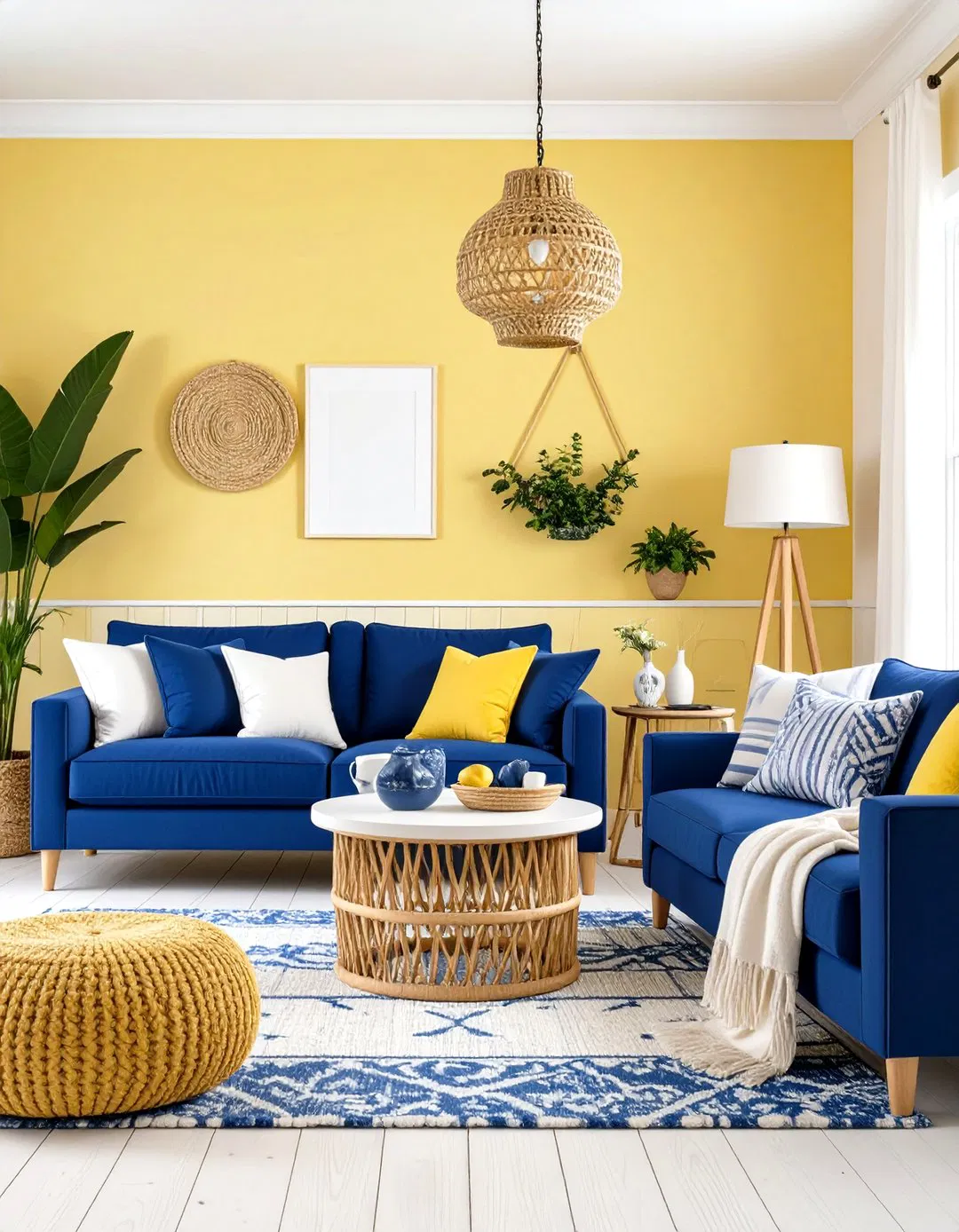 Pale Yellow and Blue Coastal Living Room