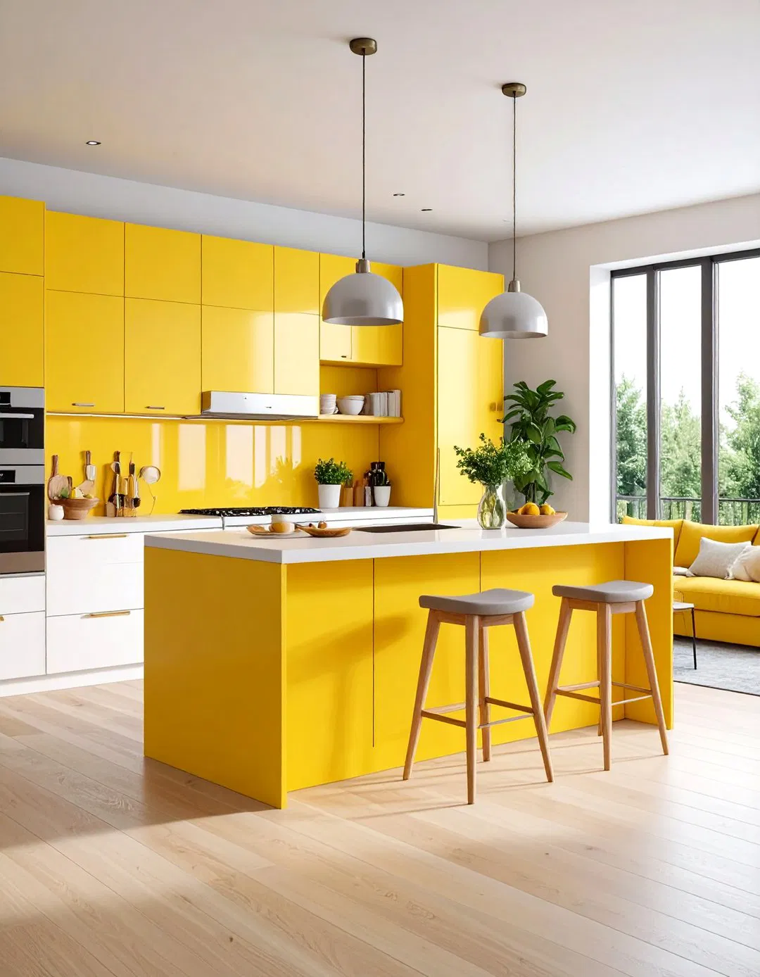 Bright Yellow Kitchen Island in Open Living