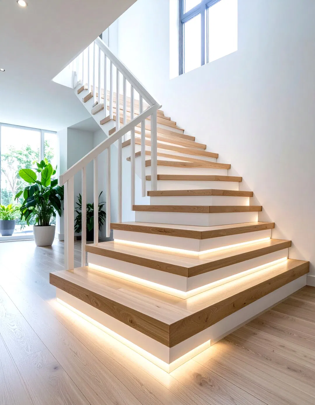 Minimalist White Oak Staircases with Integrated LED Lighting