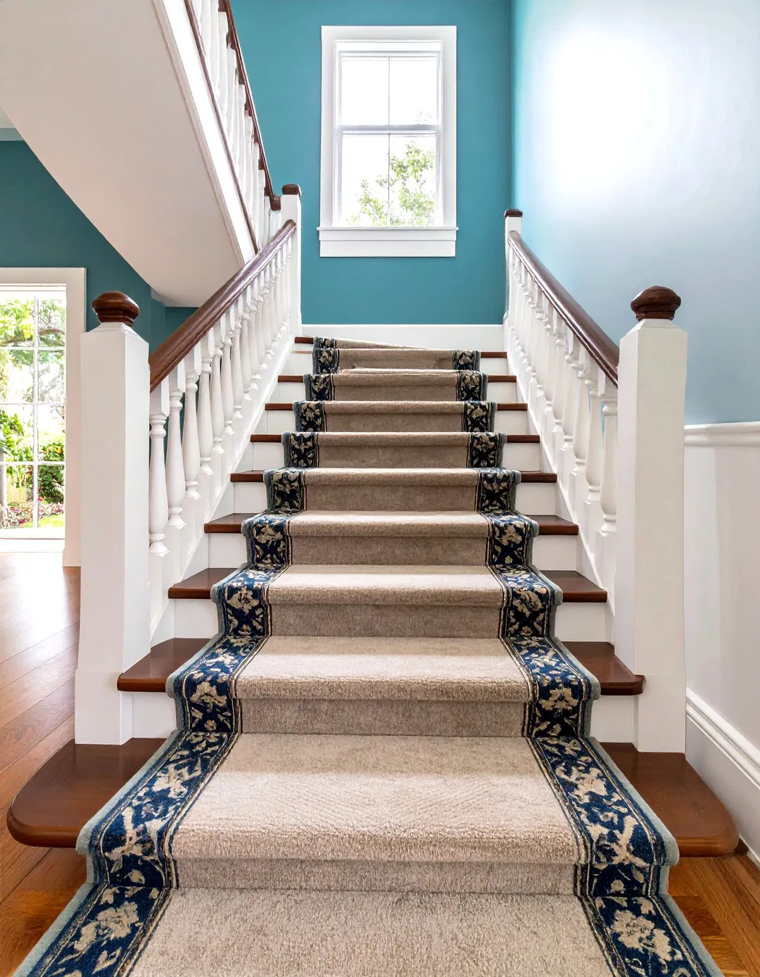 White Oak Staircases with Integrated Carpet Runners for Comfort