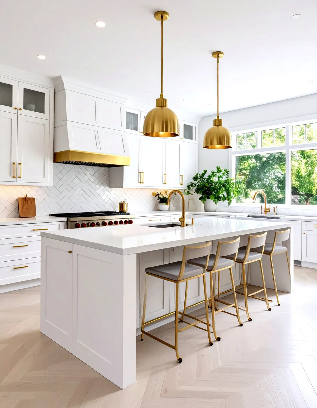Contemporary White and Gold Kitchen with Brass Accents
