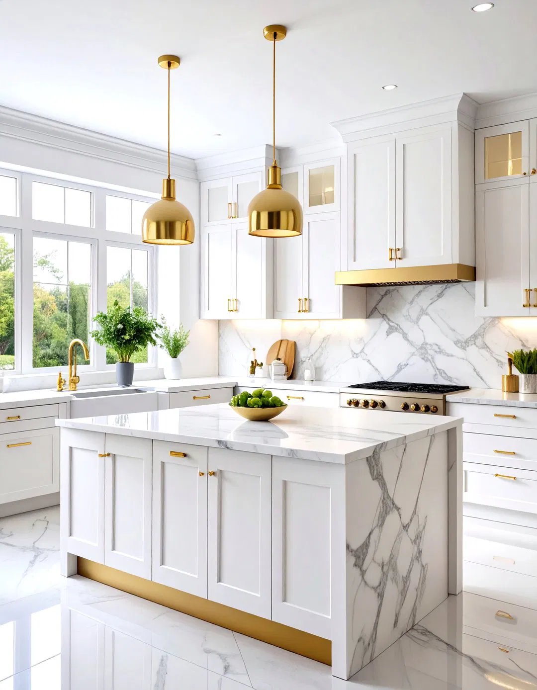 Luxury White and Gold Kitchen with Marble Countertops