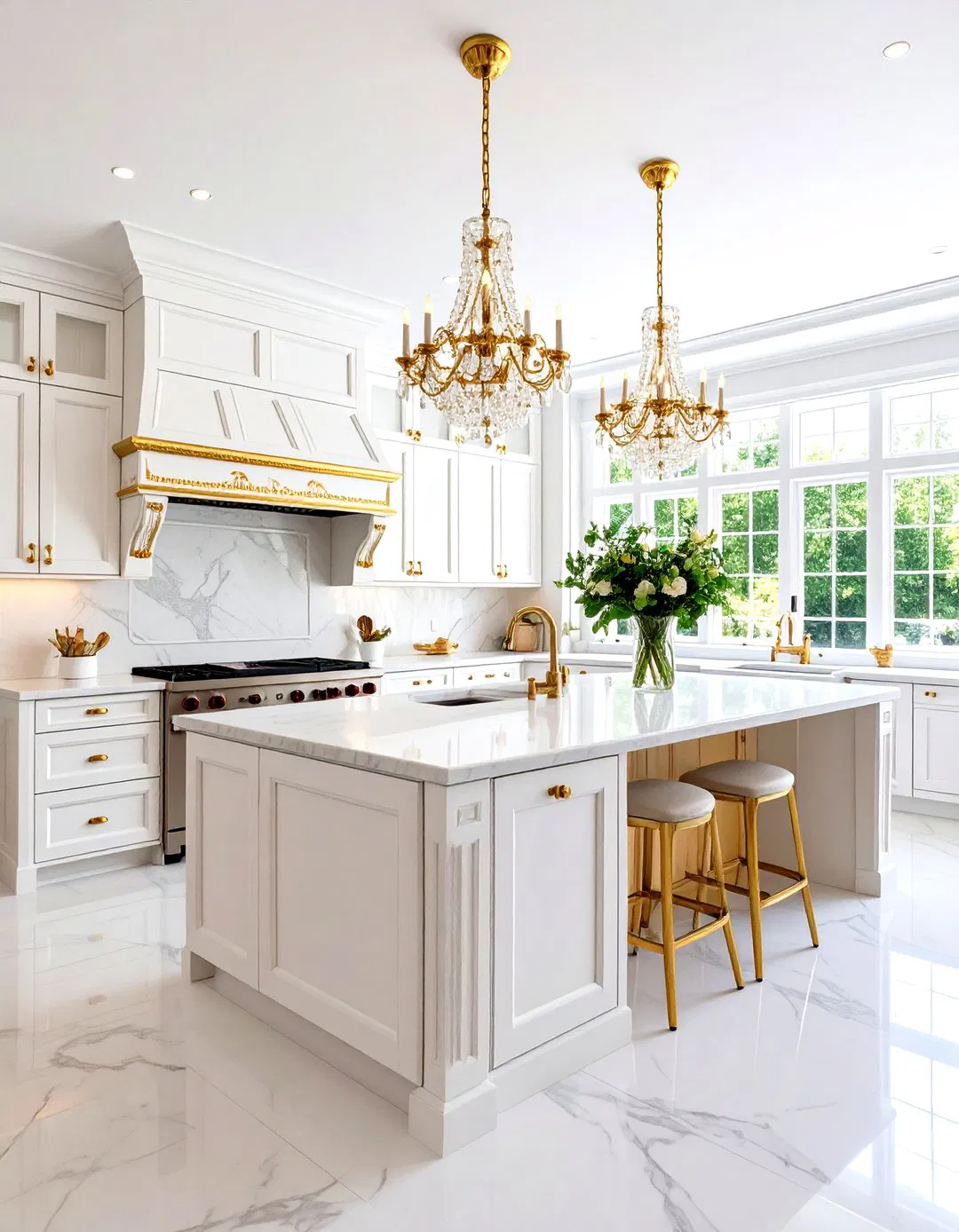 Traditional White and Gold Kitchen with Crown Molding
