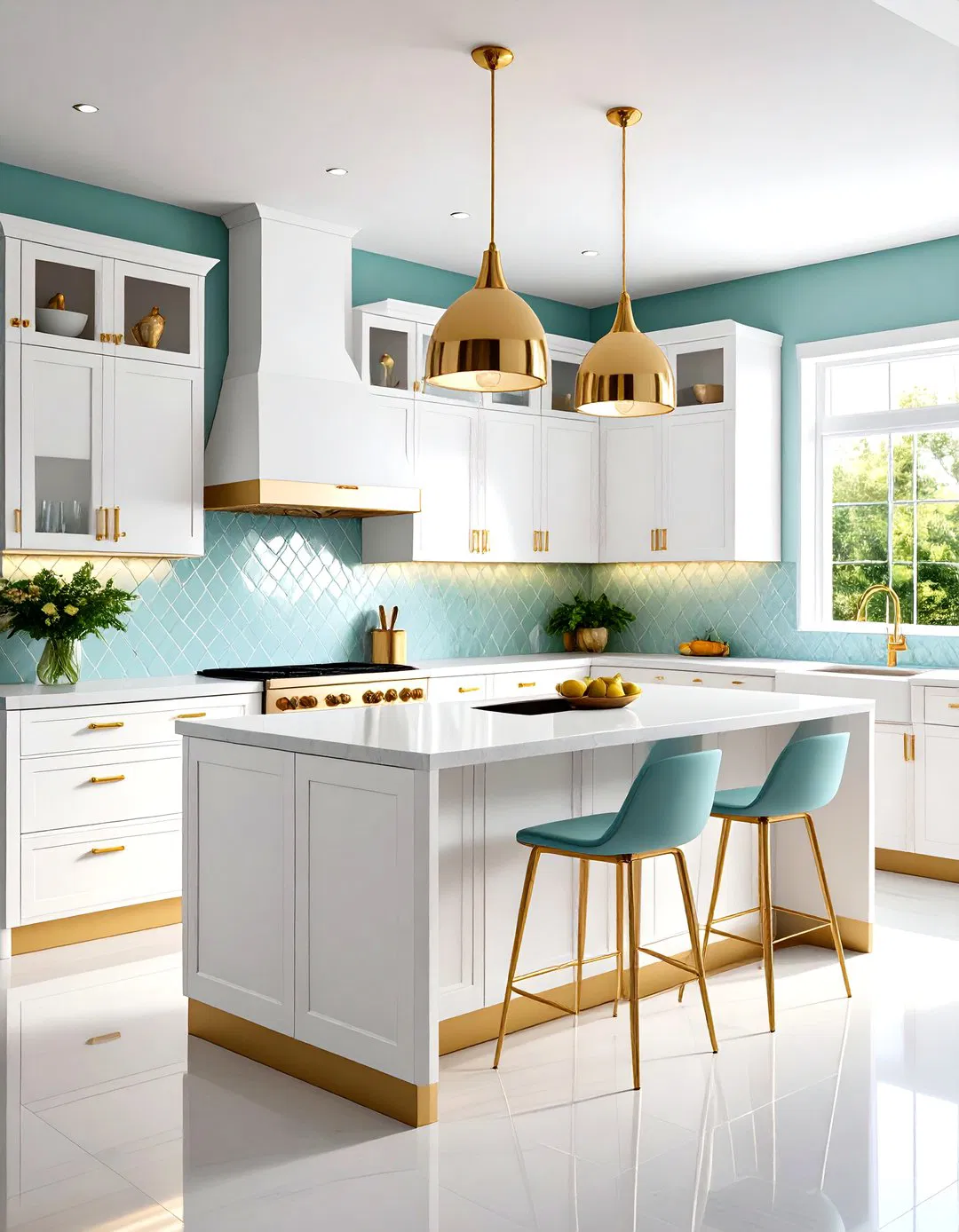 Mid Century Modern White and Gold Kitchen