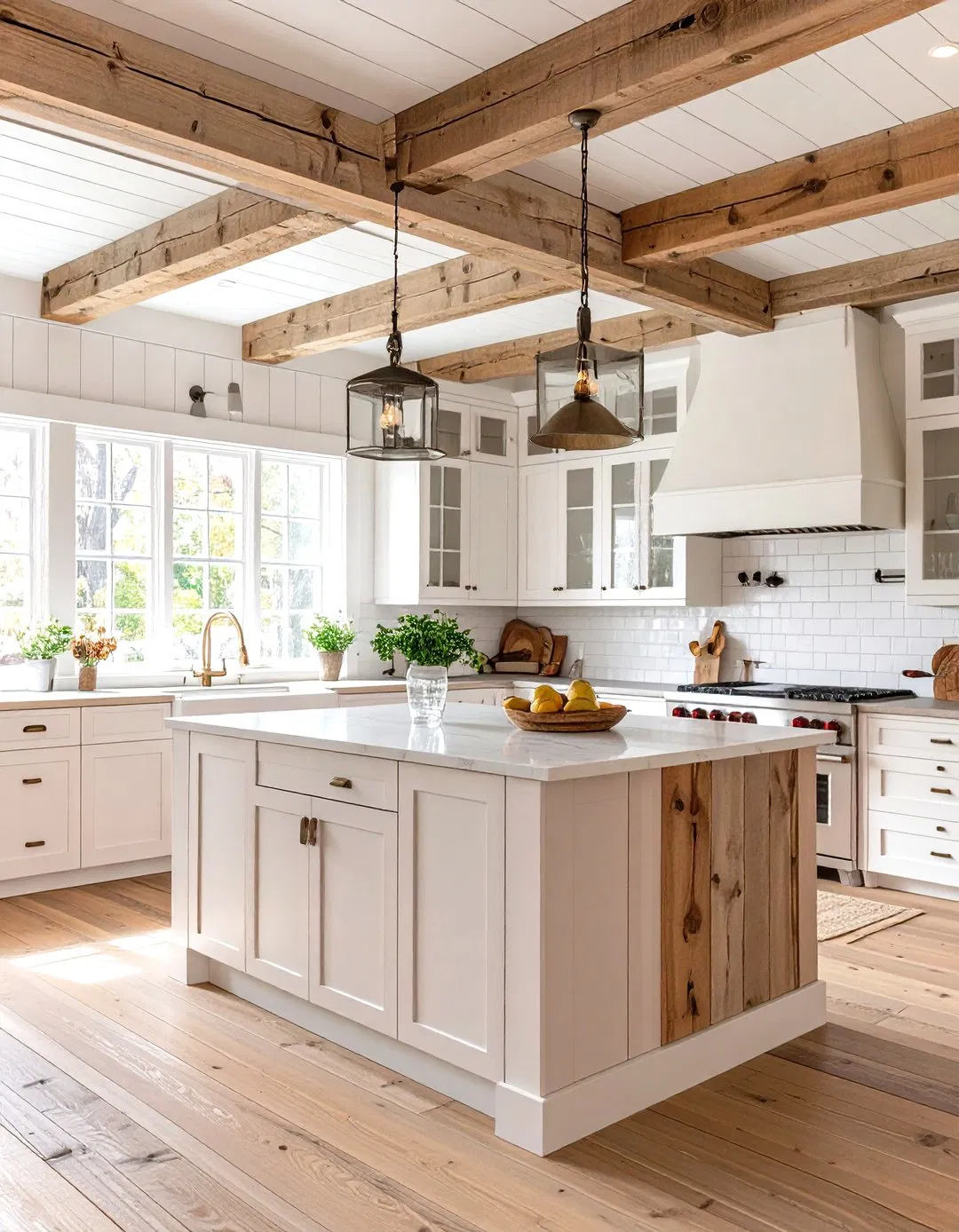 Rustic White and Gold Kitchen with Wood Beams