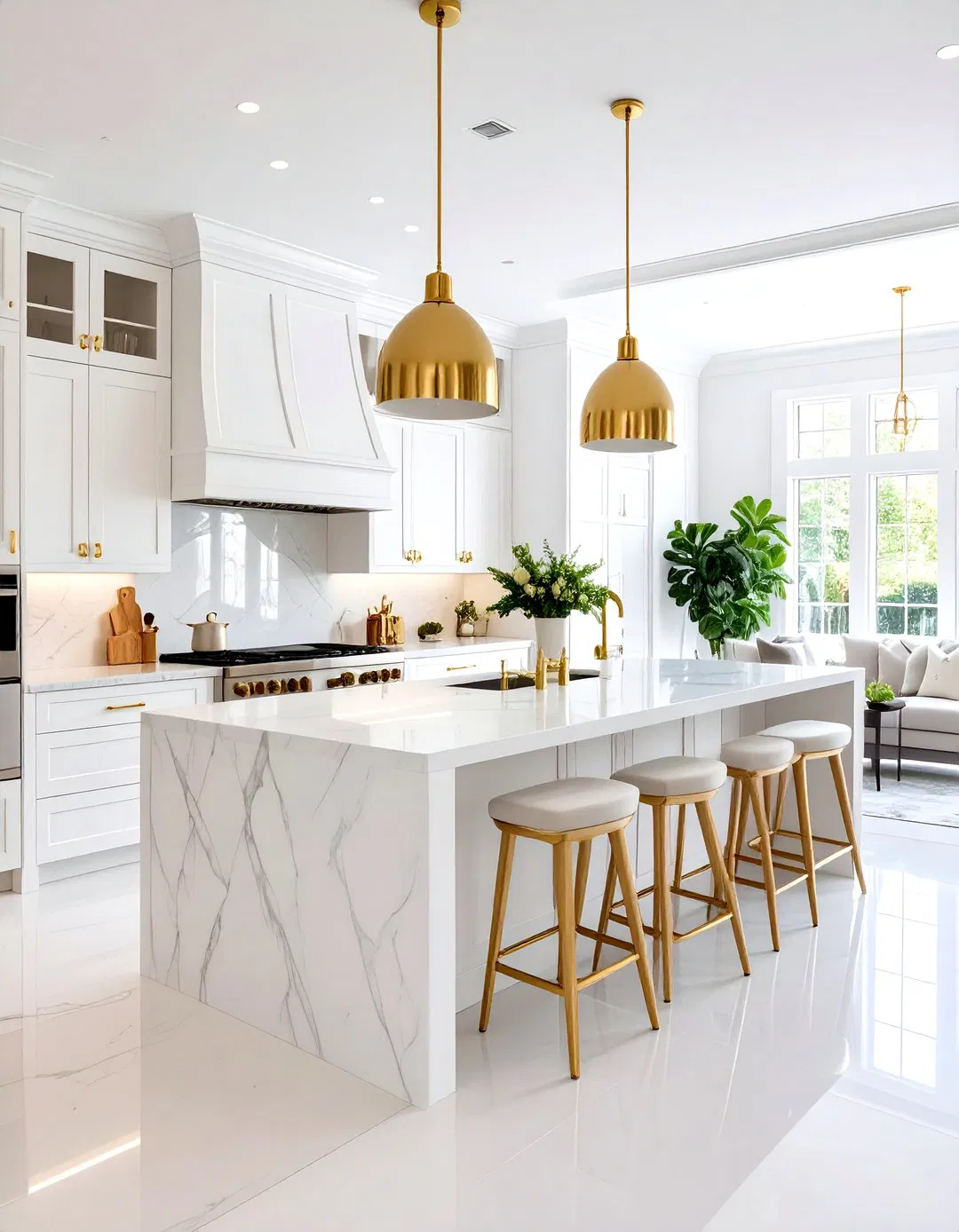 Open Concept White and Gold Kitchen