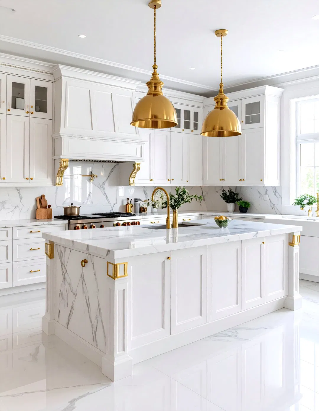 White and Gold Kitchen with Statement Island