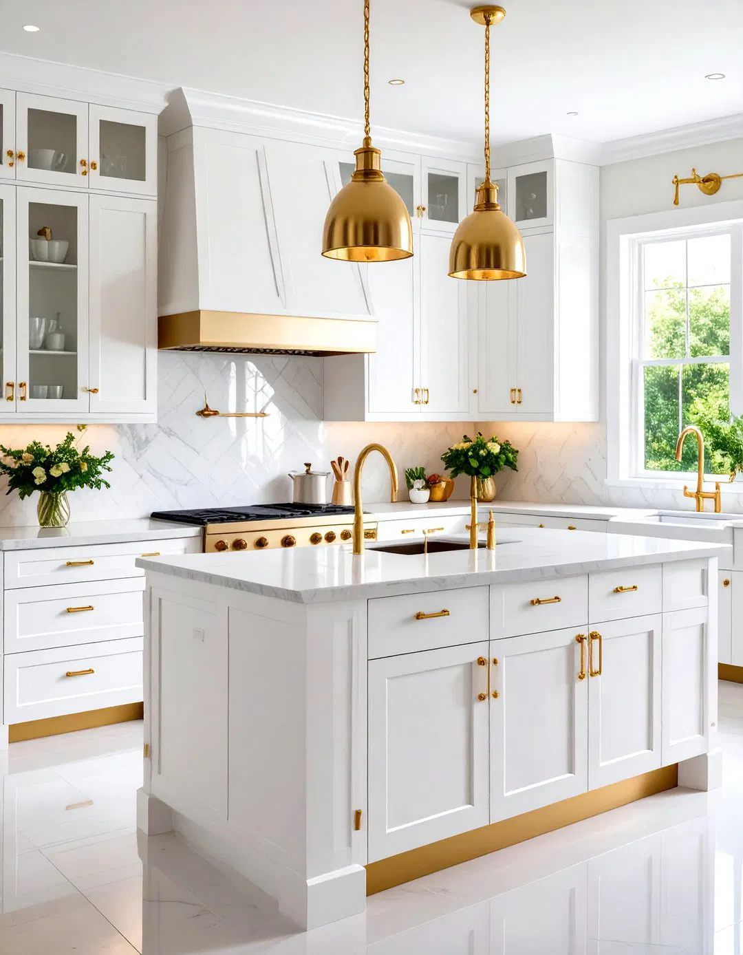 White and Gold Kitchen with Gold Hardware