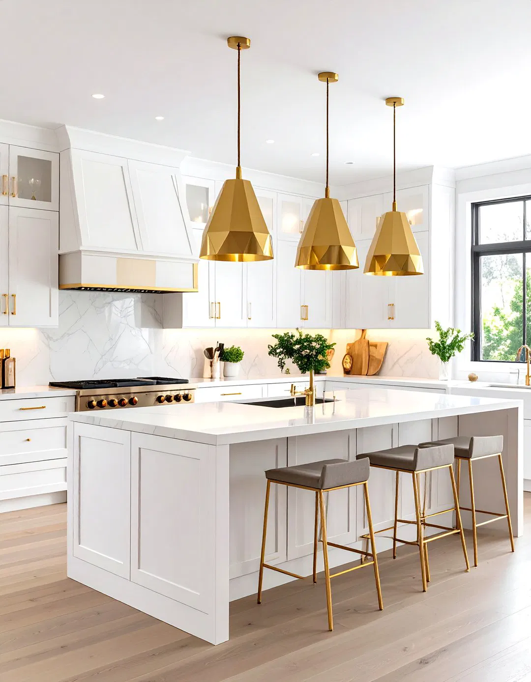 White and Gold Kitchen with Pendant Lighting