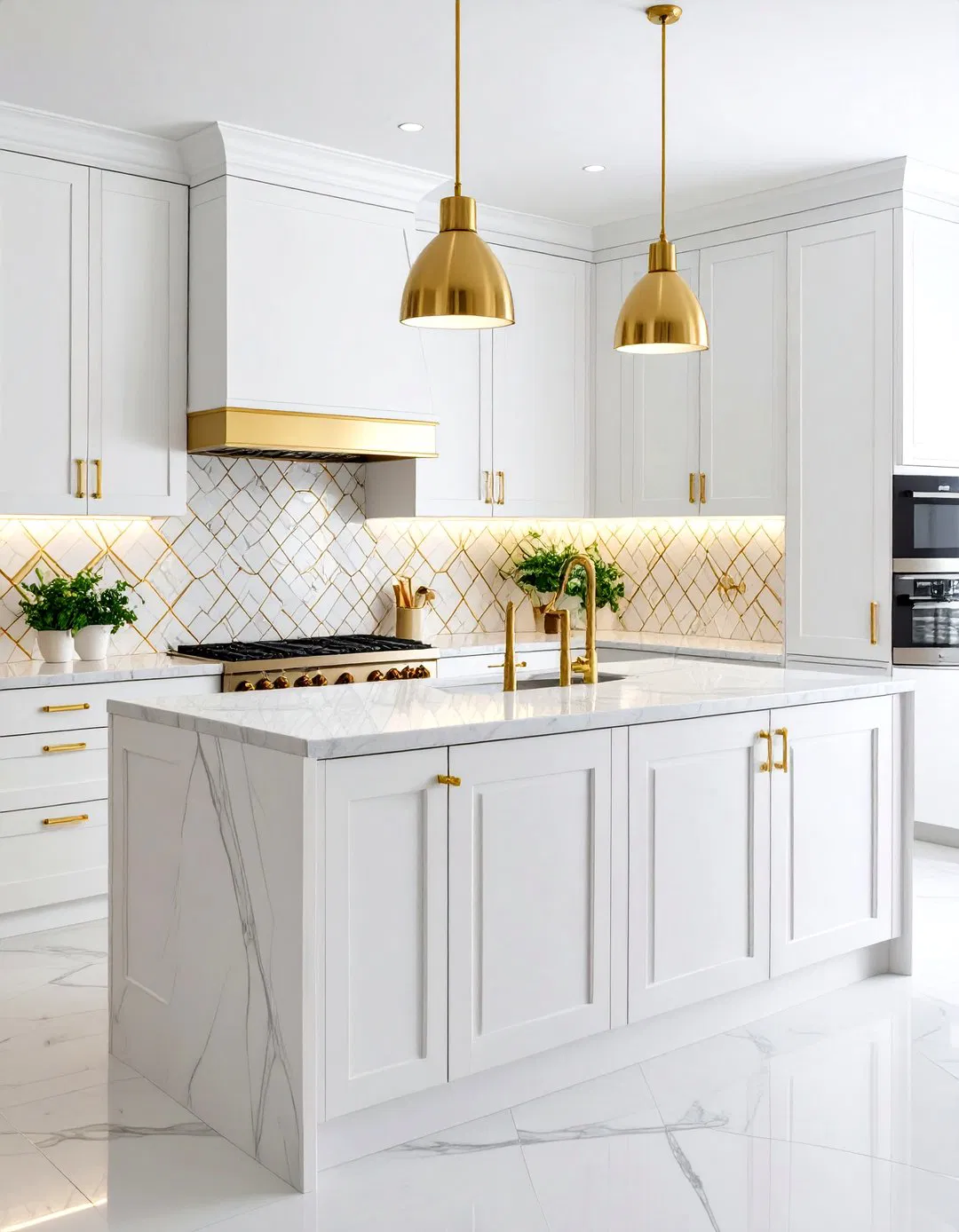 White and Gold Kitchen with Backsplash Design
