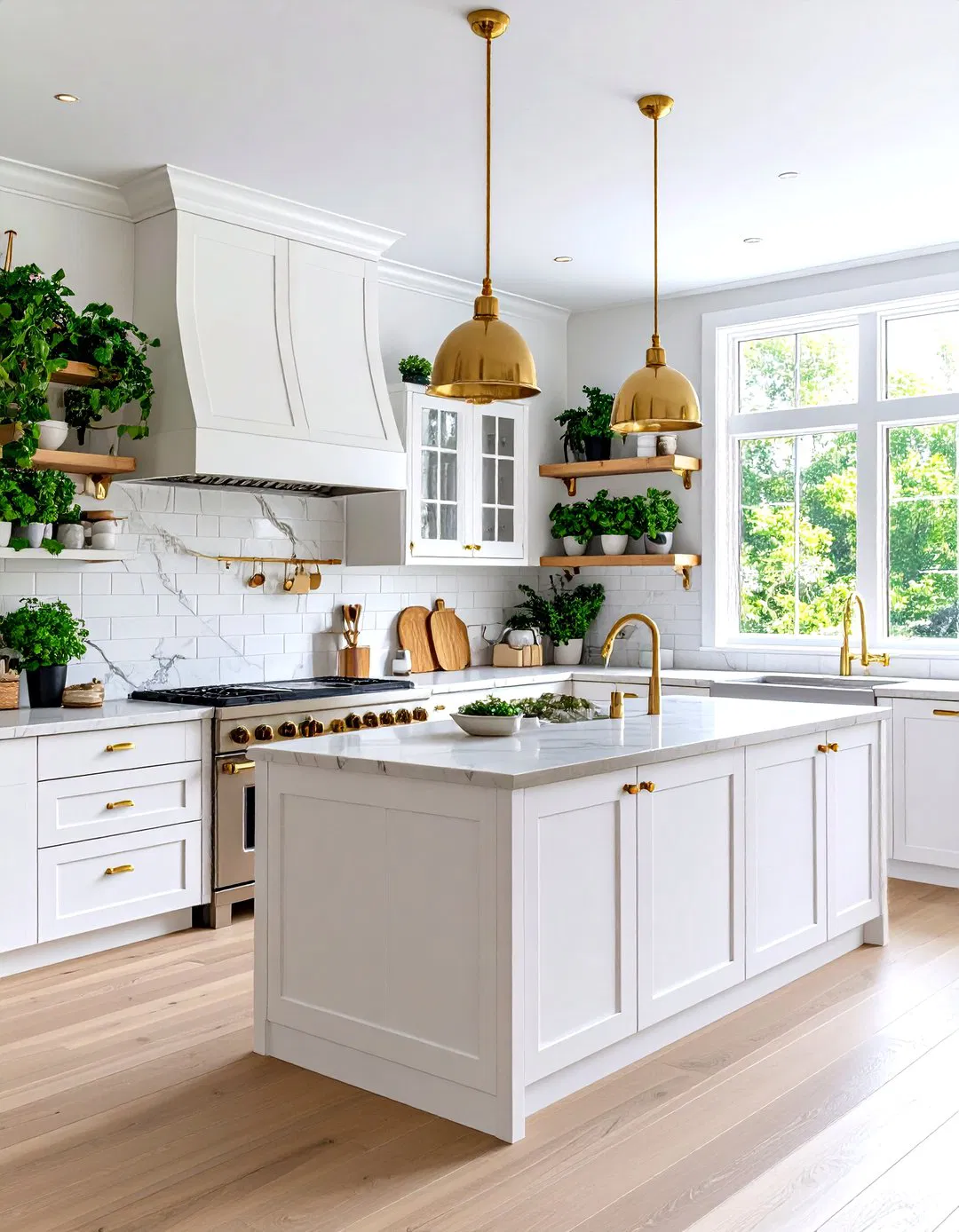 White and Gold Kitchen with Natural Elements