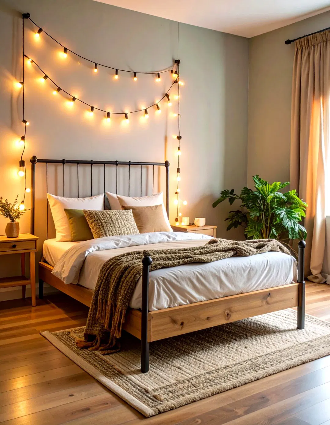 String Lights Wrapped Around Bed Frame