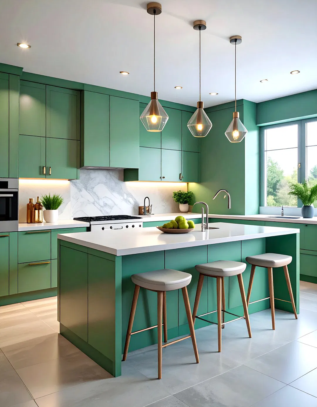 Modern Minimalist Sage Green Island with White Quartz Waterfall Edge