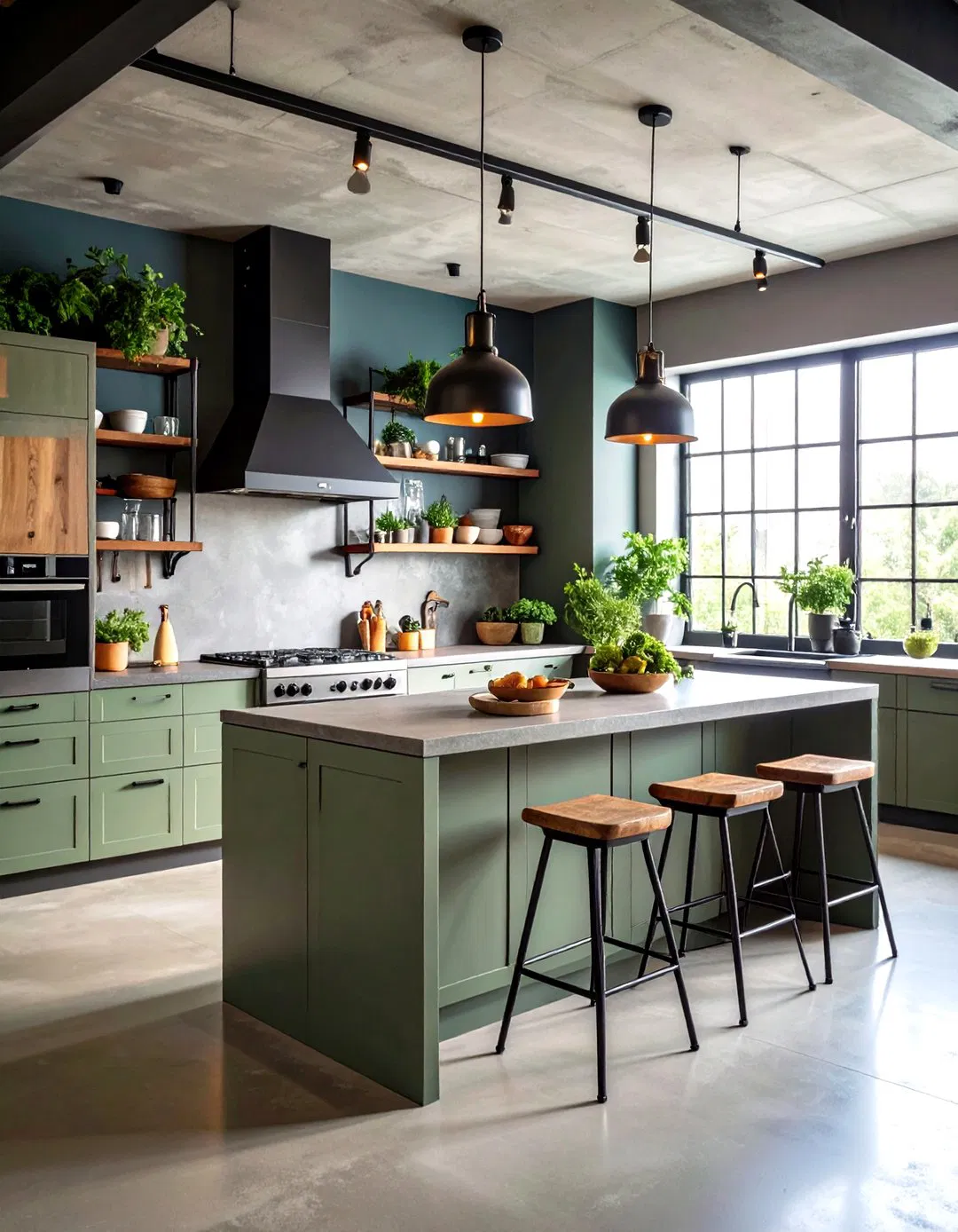 Industrial Sage Green Island with Concrete Countertops and Black Accents