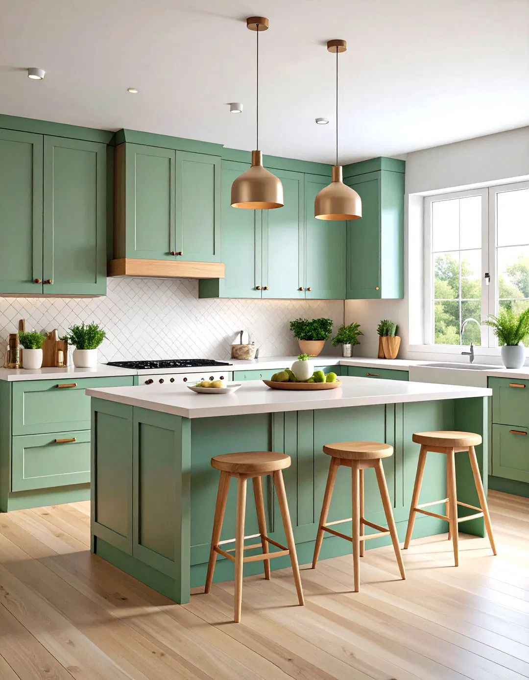 Scandinavian Inspired Sage Green Island with Light Wood Accents