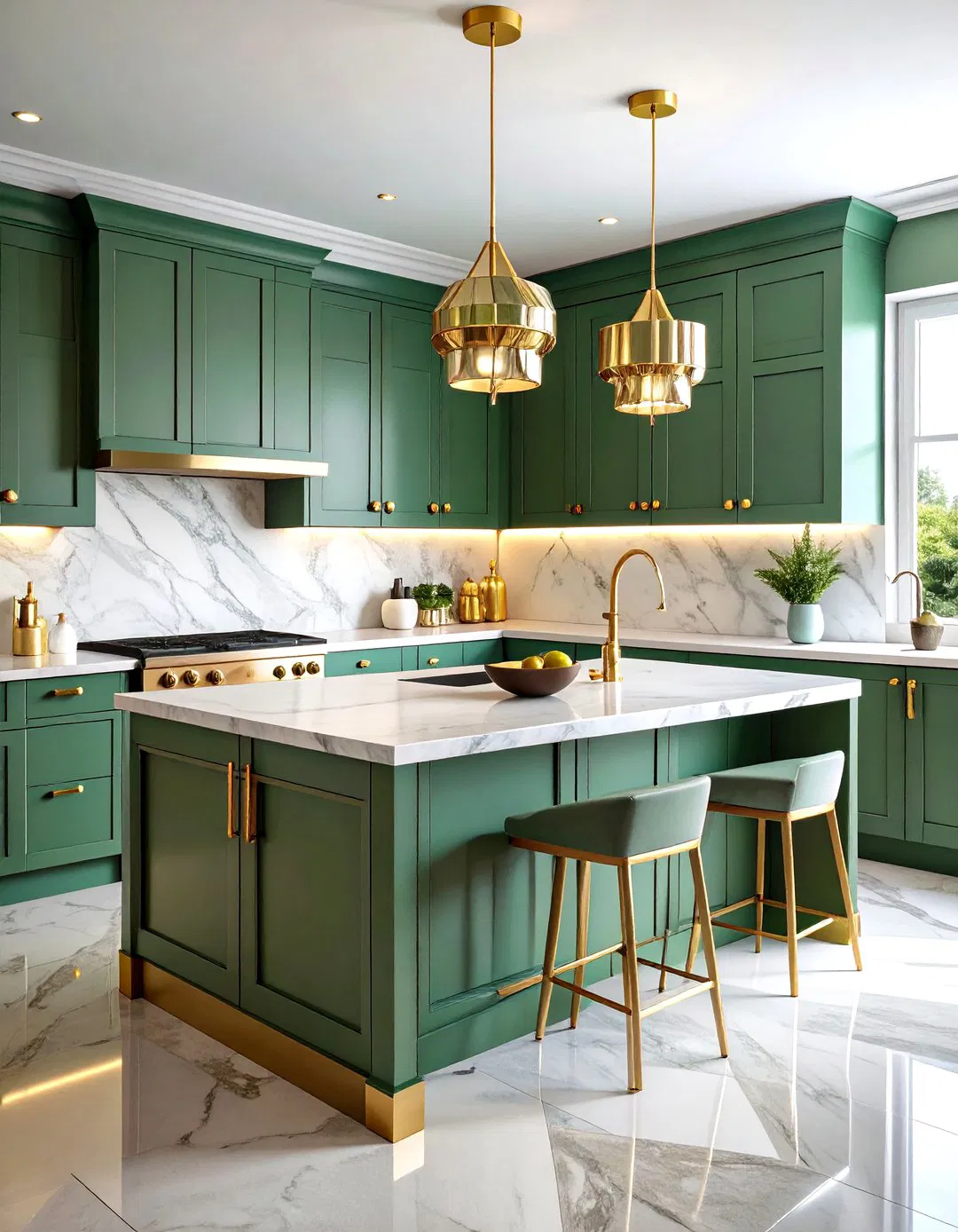 Art Deco Sage Green Island with Geometric Patterns and Gold Accents