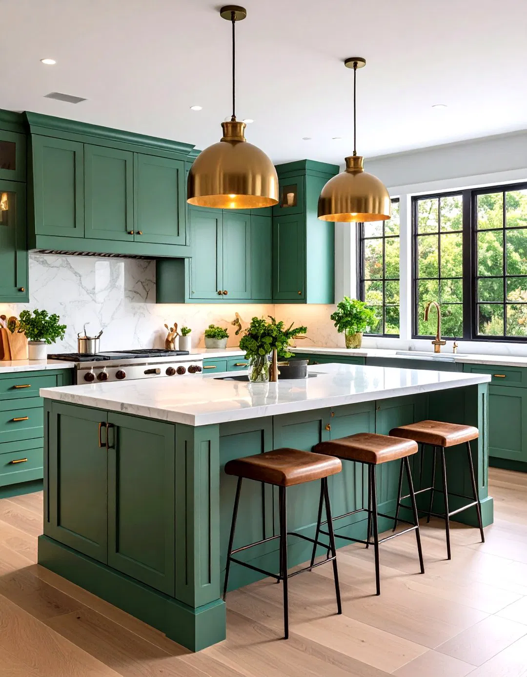 Transitional Sage Green Island with Mixed Materials