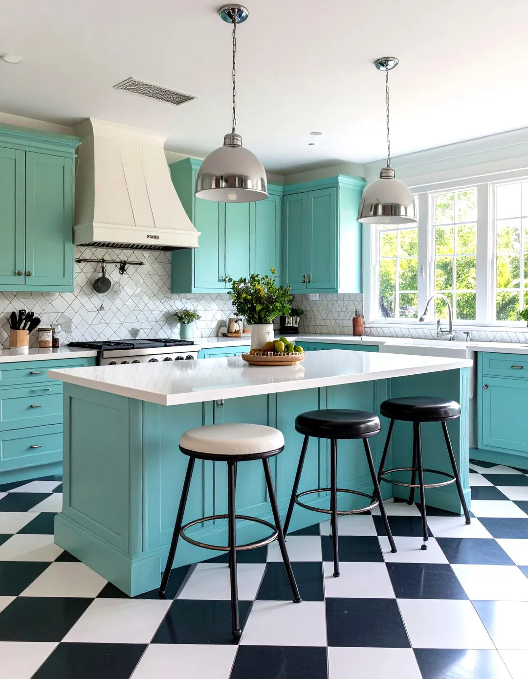 Sage Green Island with Checkerboard Floor and Retro Styling