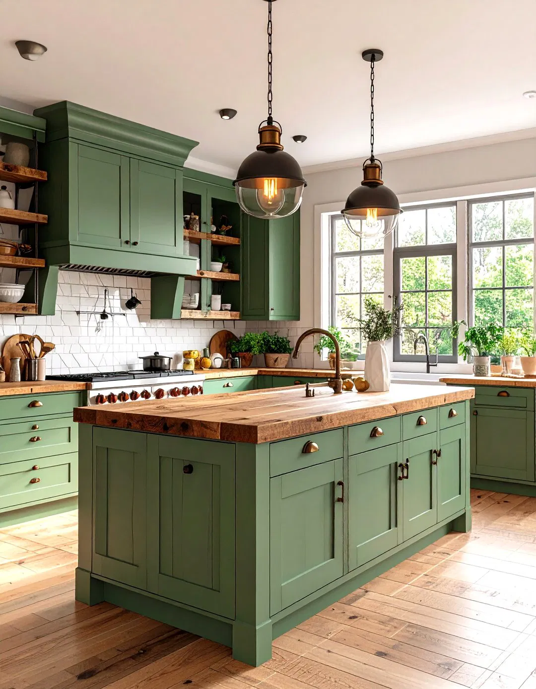 Sage Green Island with Mixed Wood Tones and Rustic Details