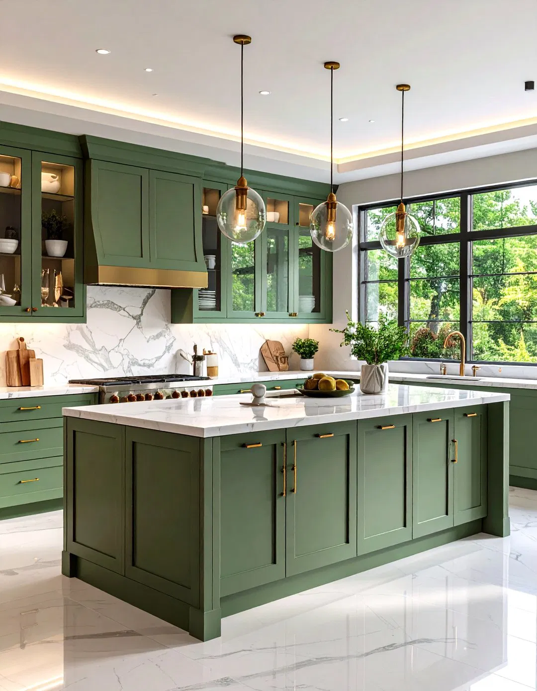 Sage Green Island with Glass Front Cabinets and Display Lighting