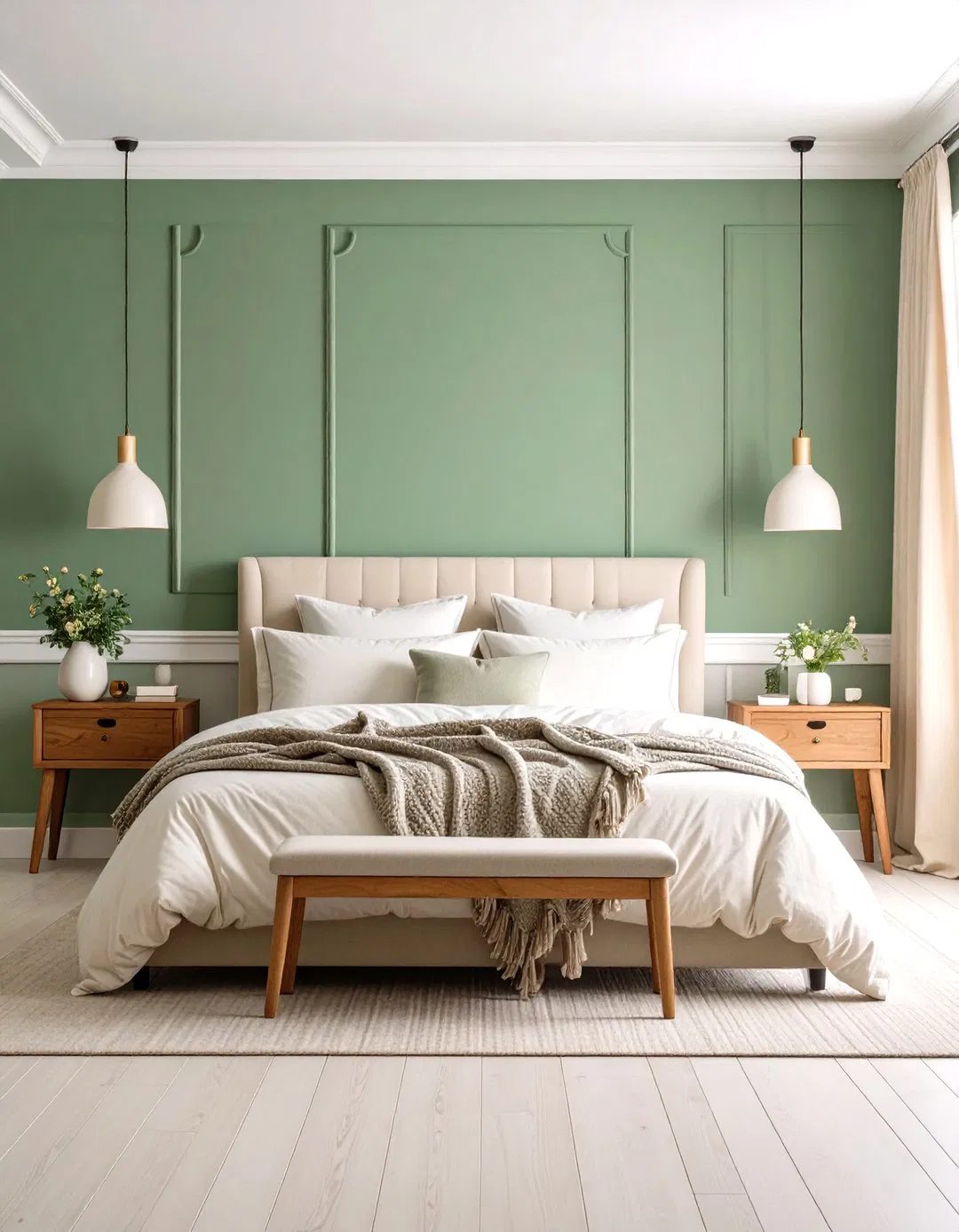 Sage Green Bedroom with Warm White Trim