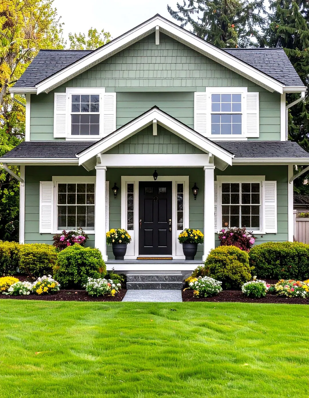 Sage Green Exterior with White Shutters