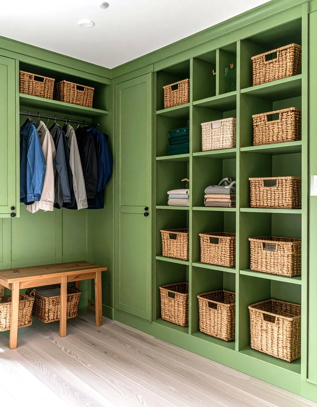 Sage Green Mudroom with Built in Storage