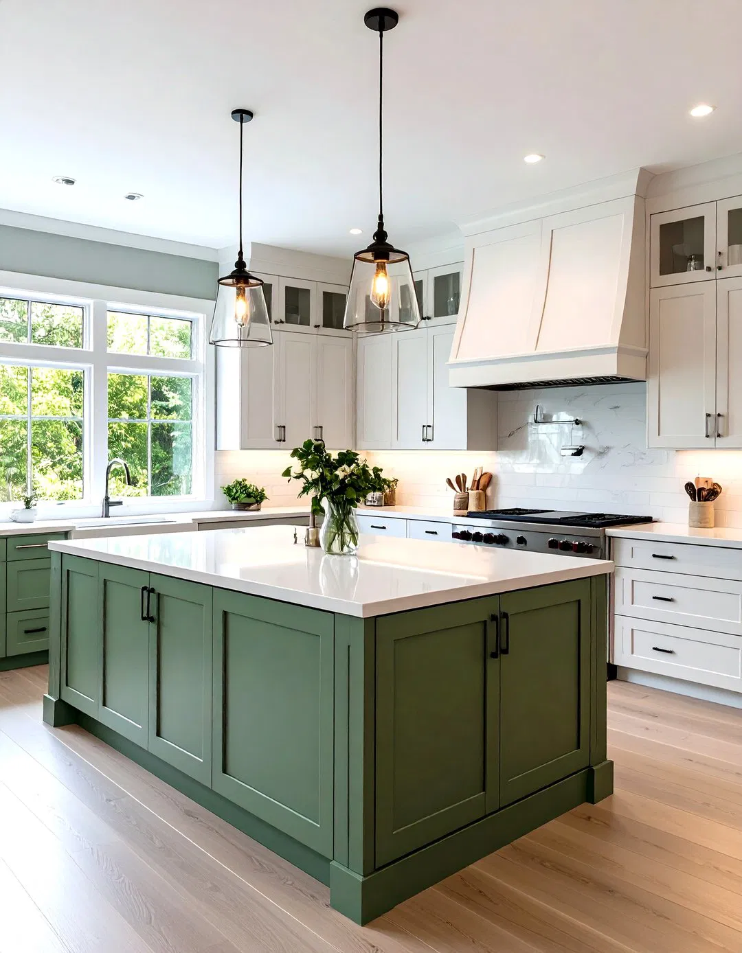 Sage Green Kitchen Island with Contrasting Cabinets