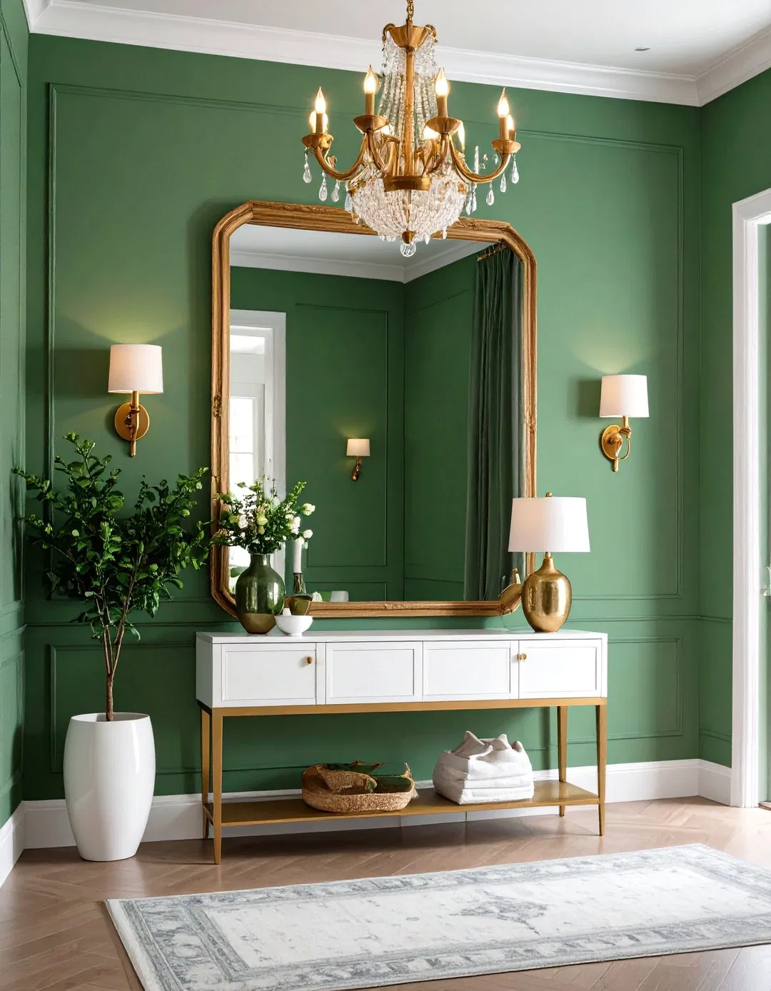 Sage Green Entryway with Statement Lighting
