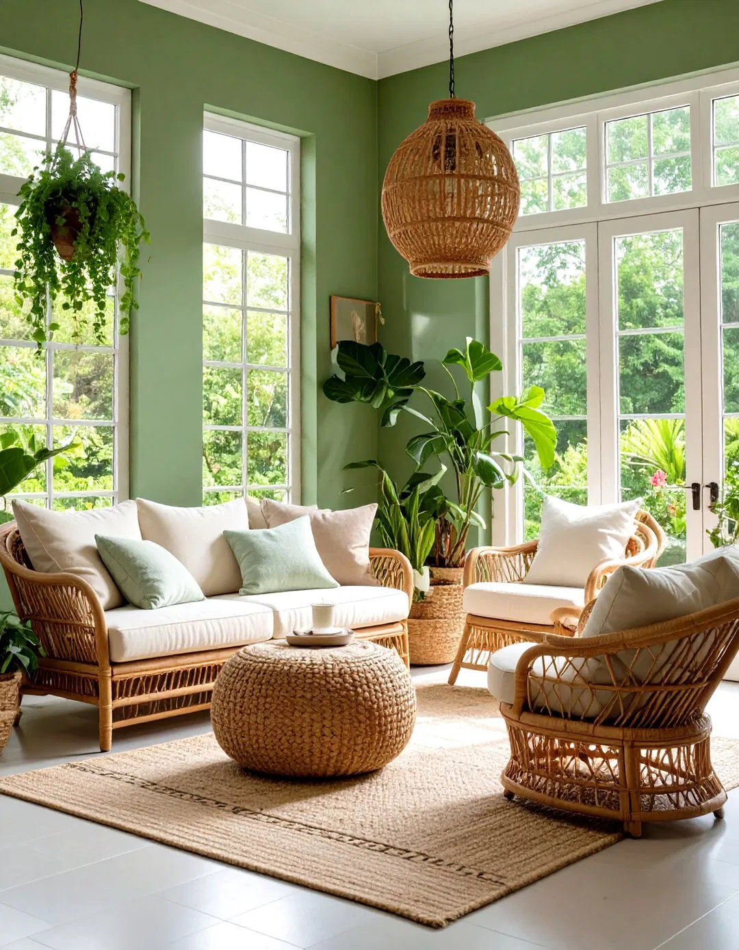 Sage Green Sunroom with Natural Elements