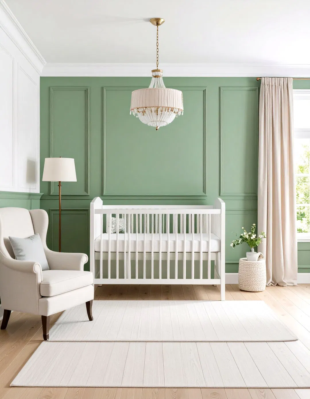 Half-Wall Paneling for Spaciousness - Sage Green Nursery Ideas