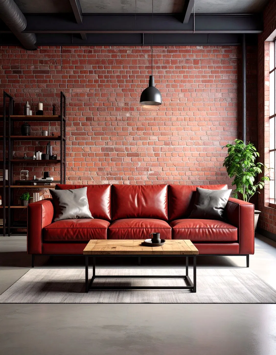 Urban Industrial Living Room with Burgundy and Charcoal