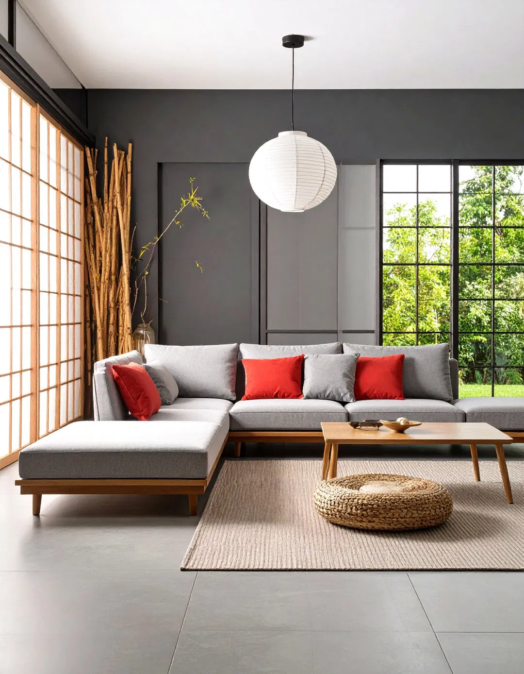 Japanese Zen-Inspired Red Accents and Charcoal Calm