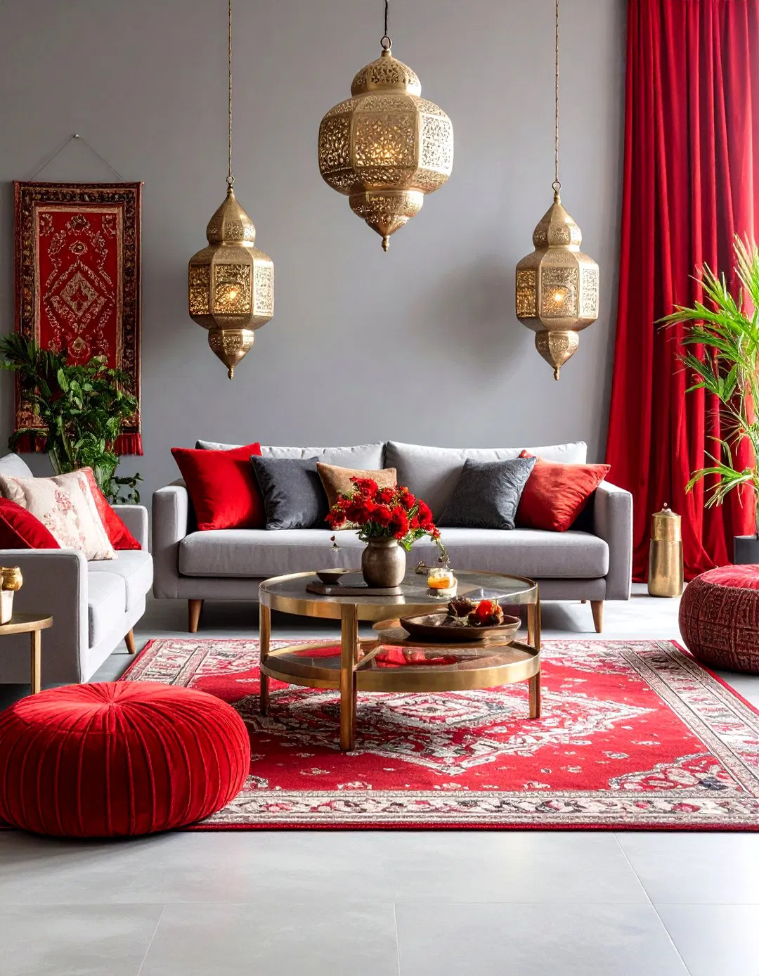 Moroccan-Inspired Red Tapestry and Pewter Grey
