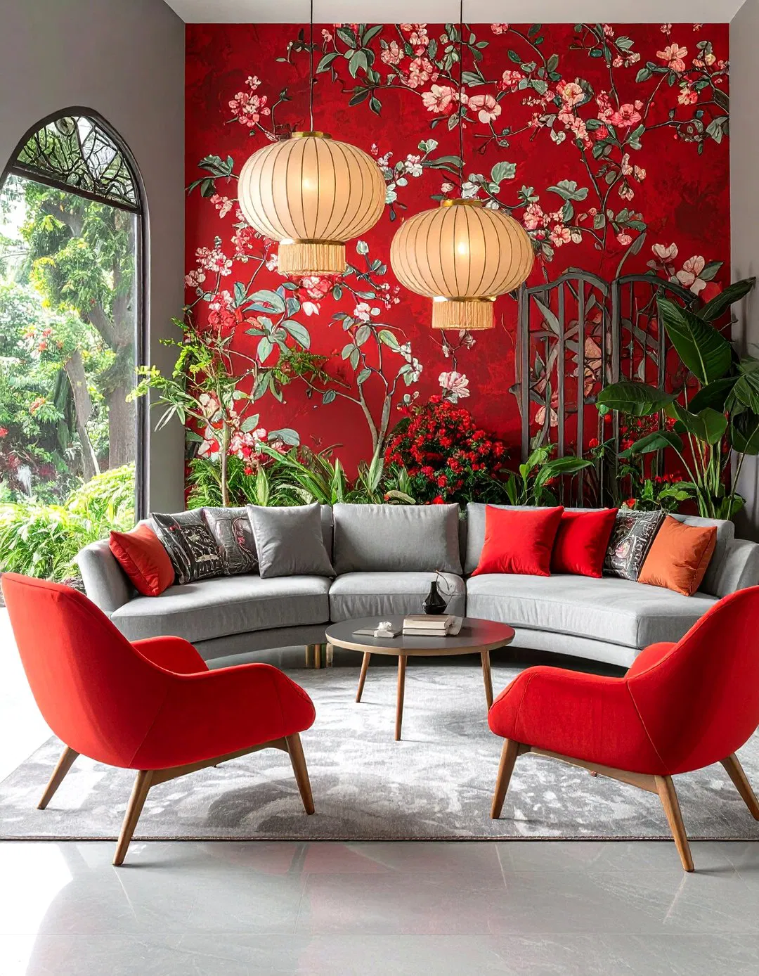 Art Nouveau-Inspired Red Rose and Silver Grey