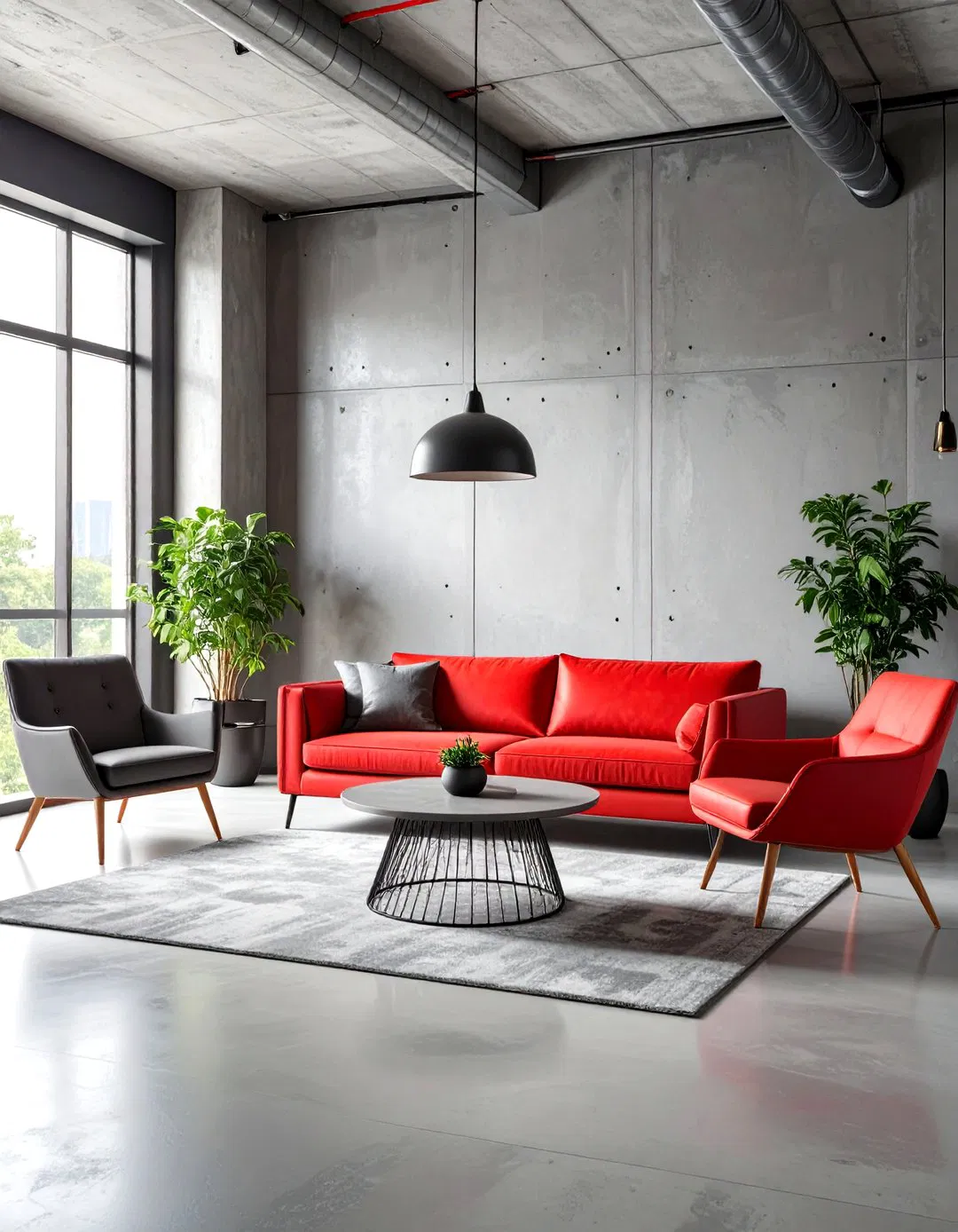 Industrial Chic with Red Metal and Concrete Grey