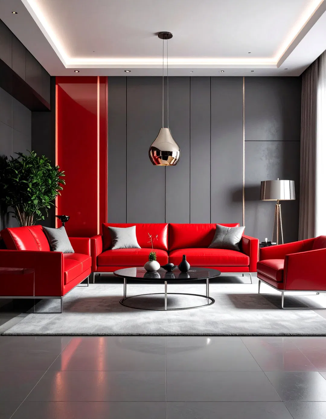 Futuristic Red Lacquer and Titanium Grey Living Room