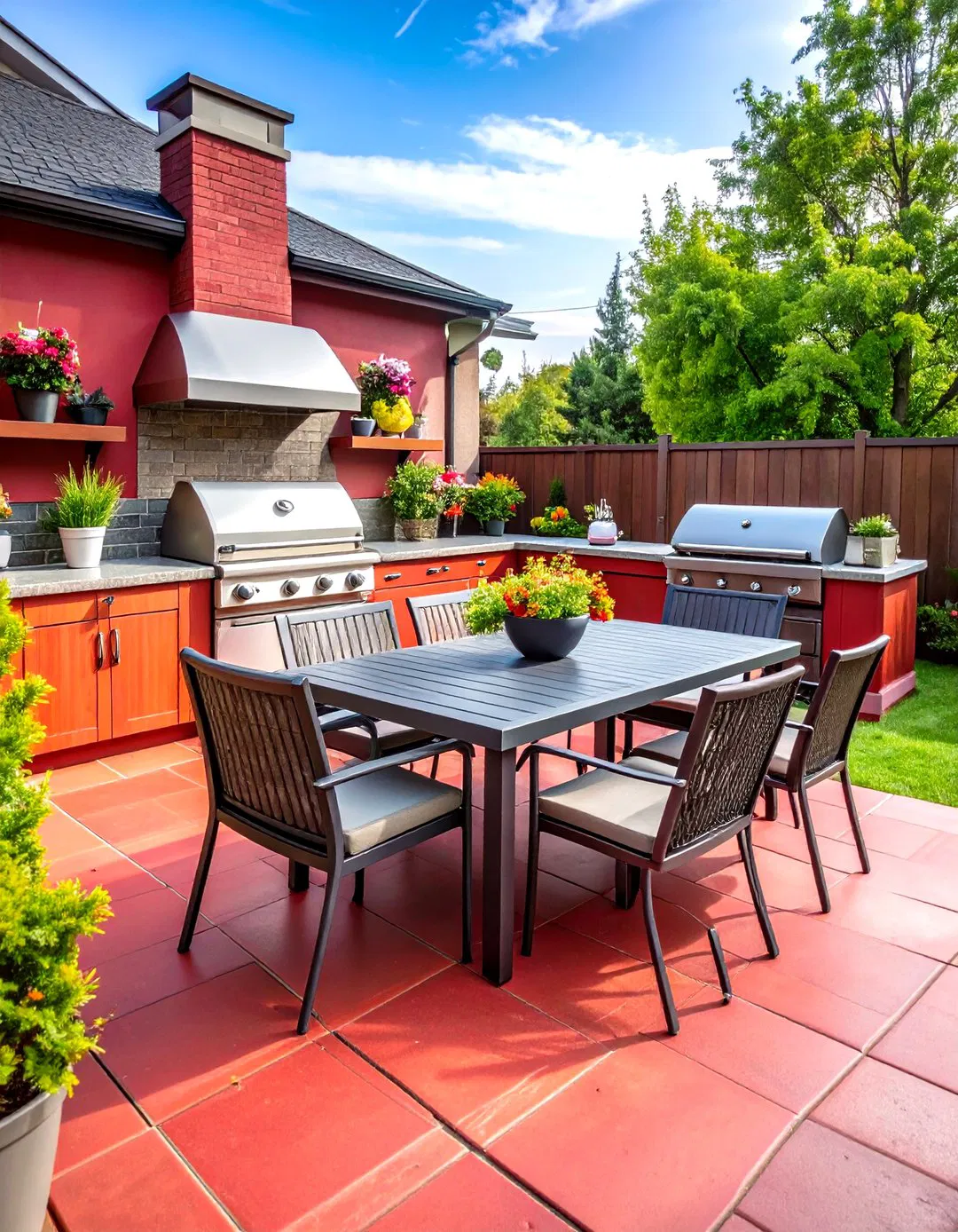 Contemporary Red Paver Outdoor Kitchen Platform