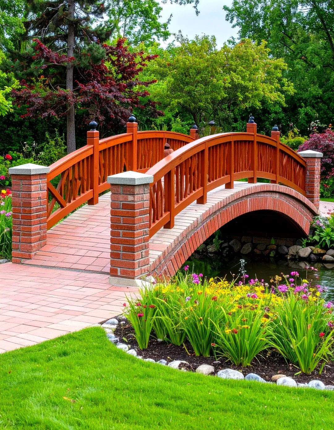 Transitional Red Paver Garden Bridge
