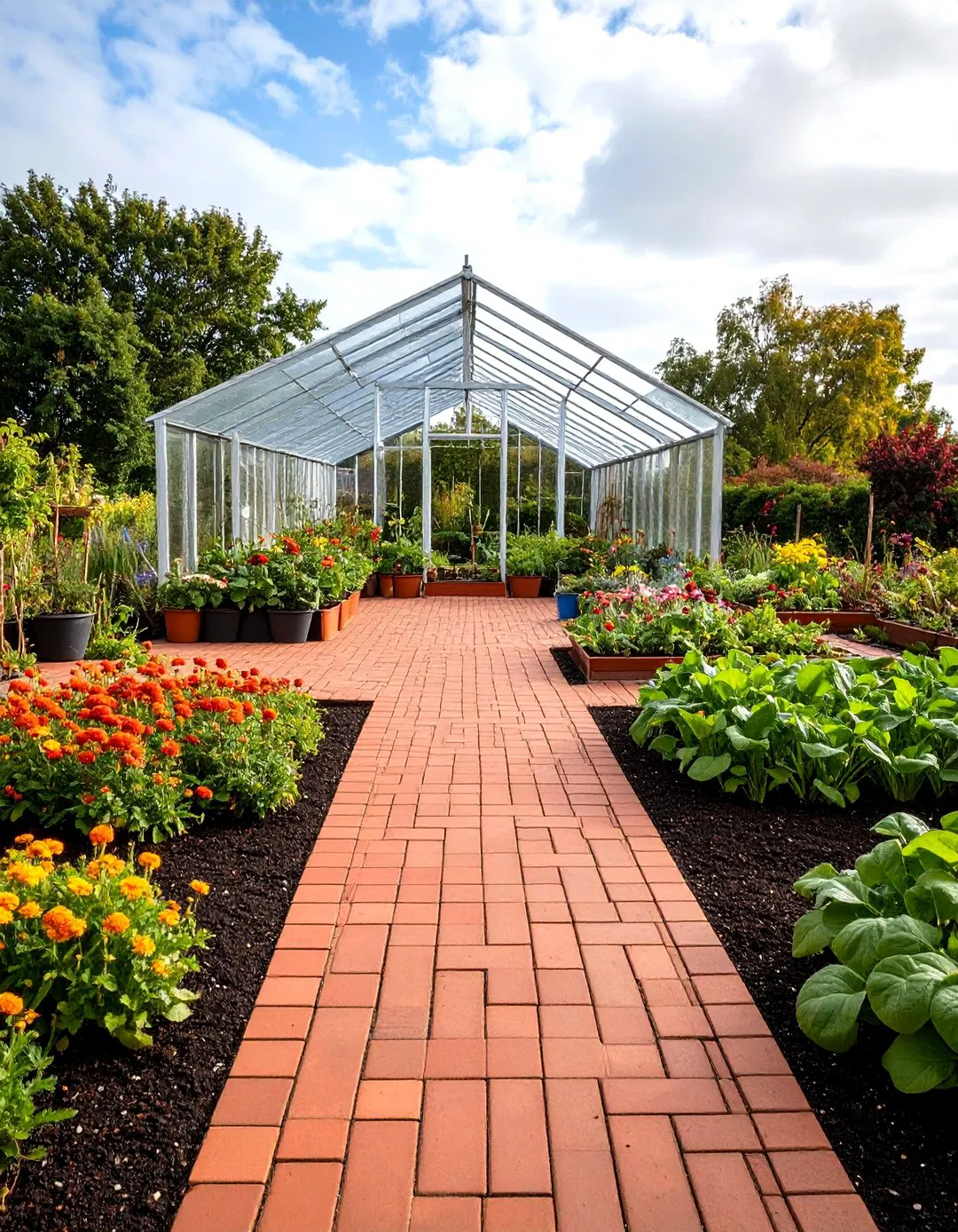 Red Paver Greenhouse Foundation Garden