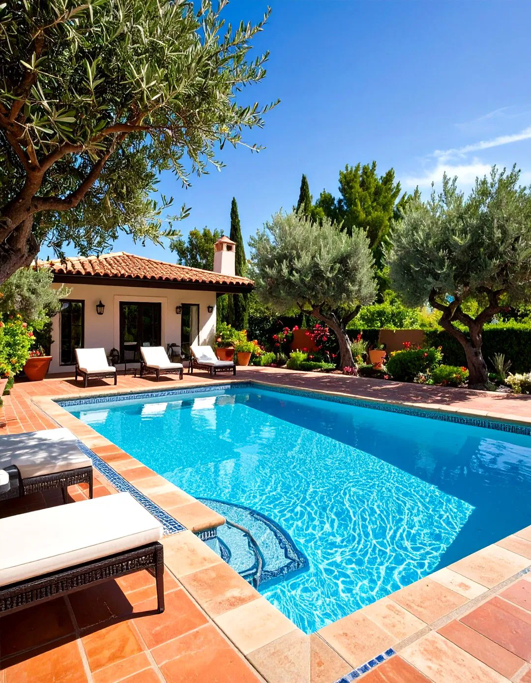Mediterranean Style Rectangle Pool with Hot Tub