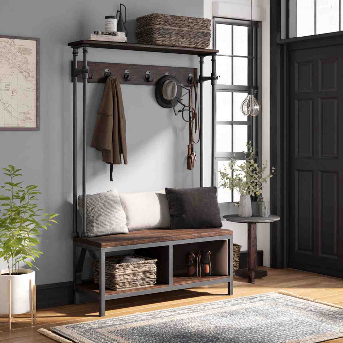 Industrial Metal and Wood Hall Tree Bench