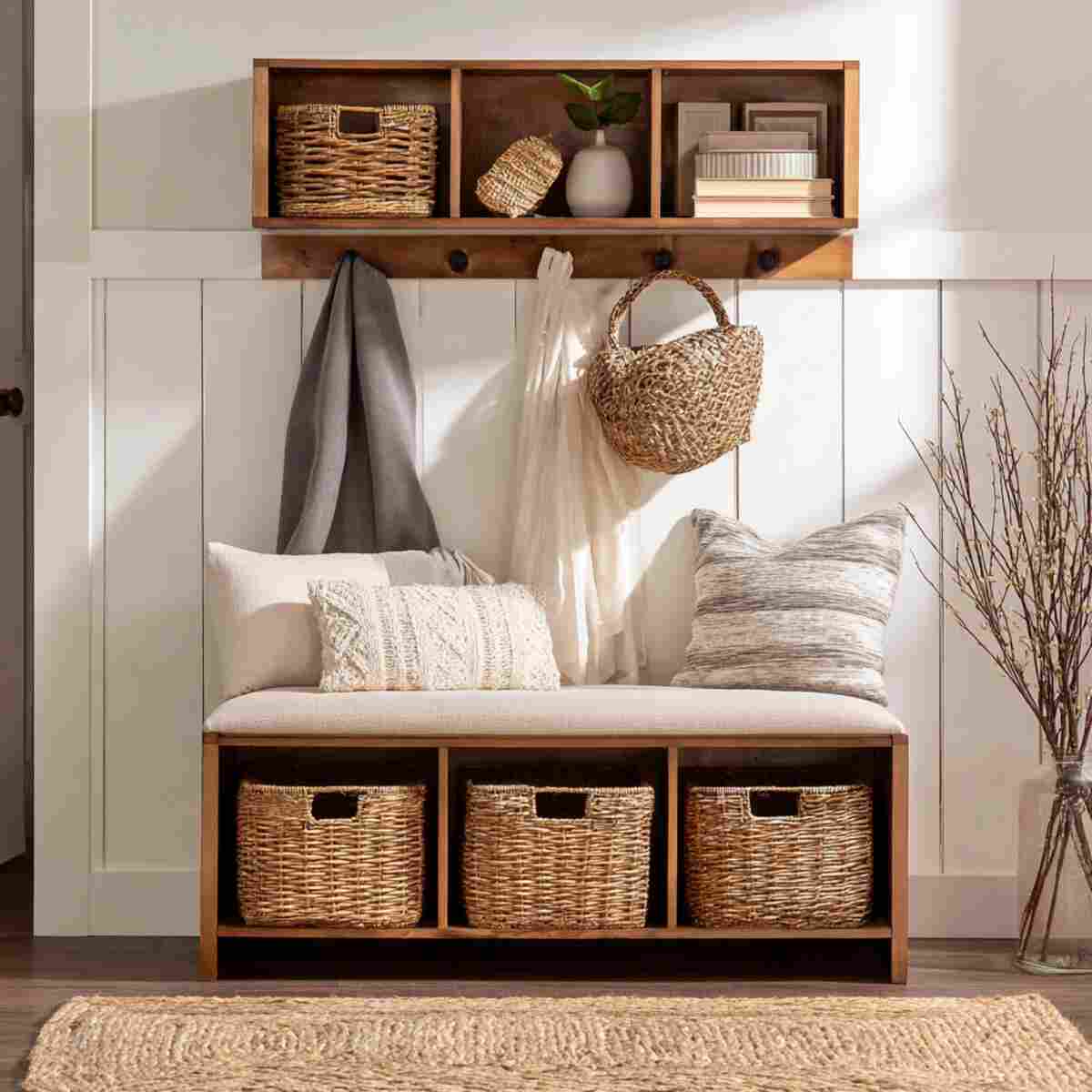 Hall Tree Bench with Woven Baskets
