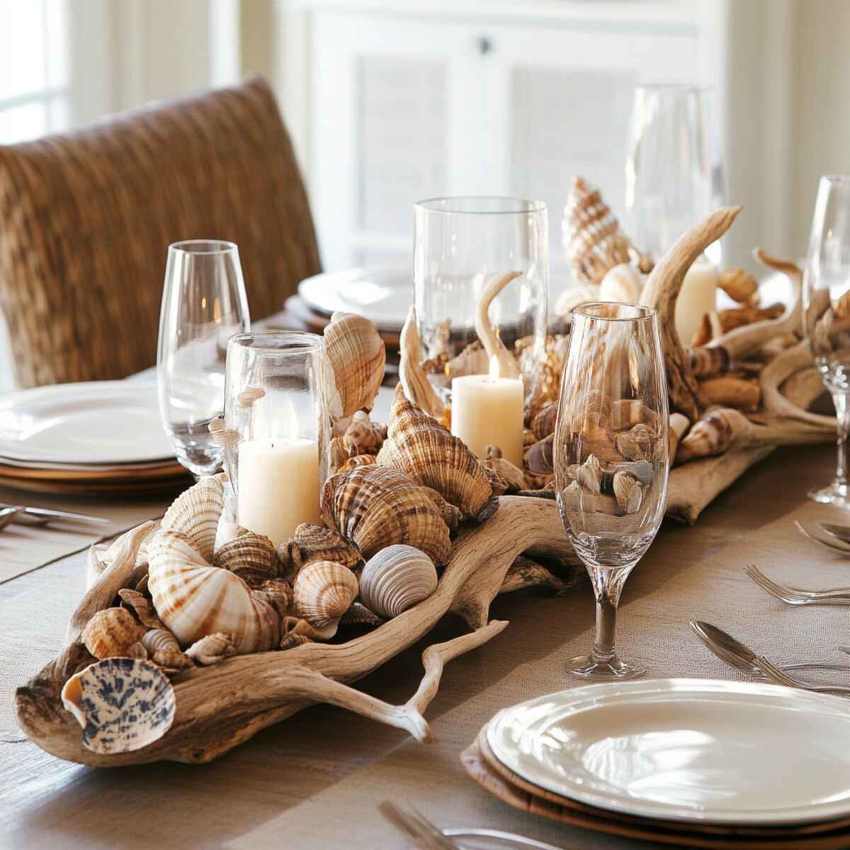 Coastal centerpiece with seashells and driftwood