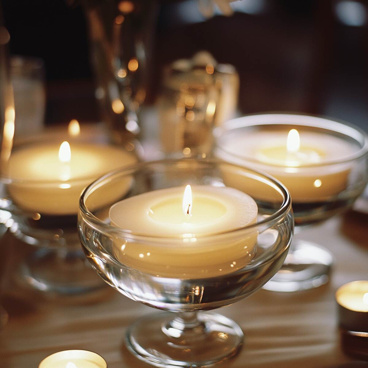 Floating candles in a glass dish