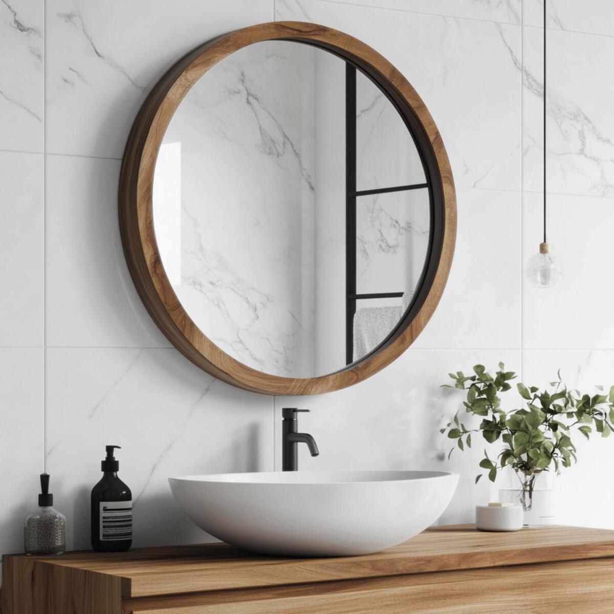 Round mirror with a wooden frame