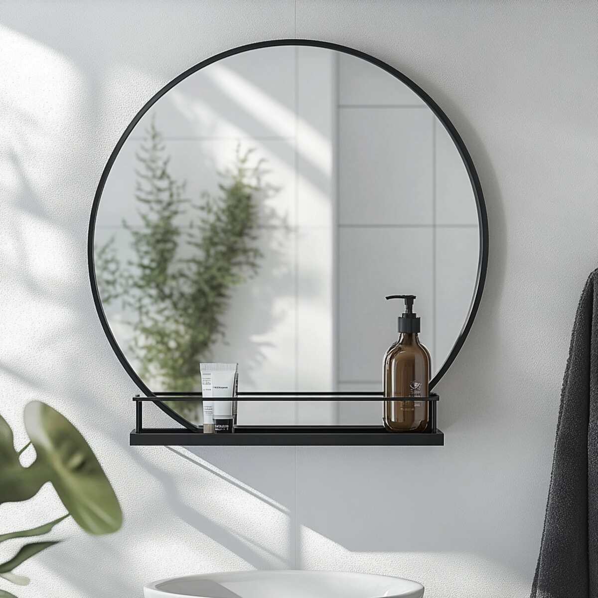 Round mirror with a shelf underneath