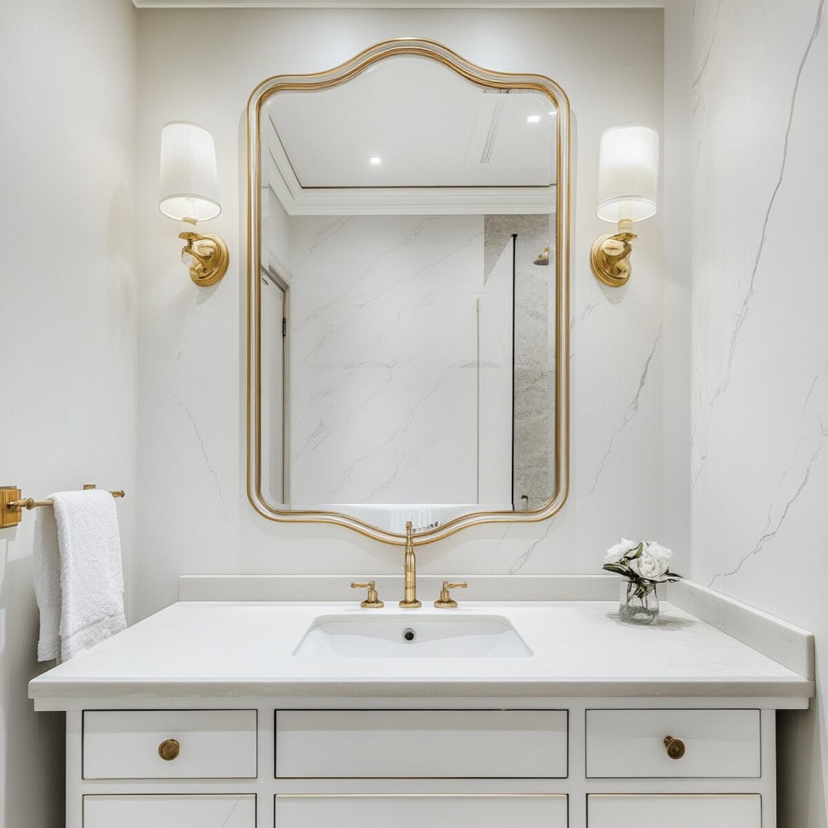 Full-wall mirror with decorative borders