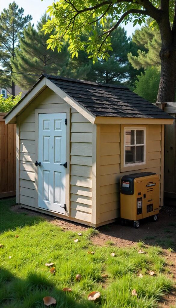 Generator shed with hinged side panels